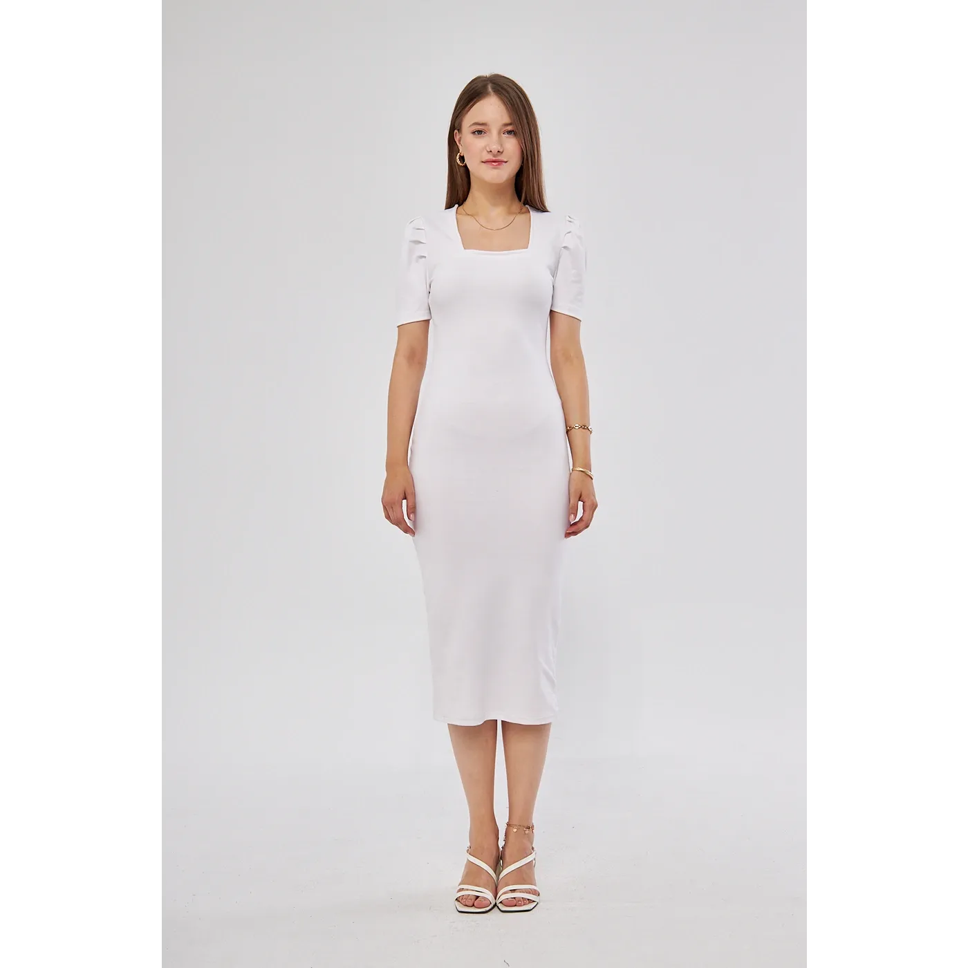 White Square Neck Puff Sleeves Bodycon Dress