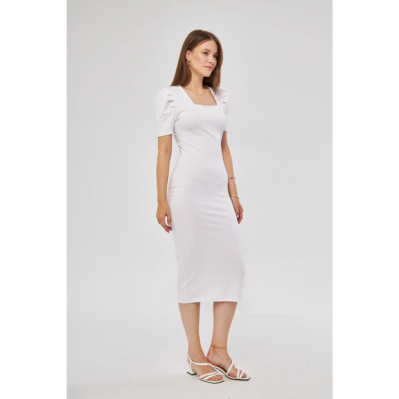 White Square Neck Puff Sleeves Bodycon Dress