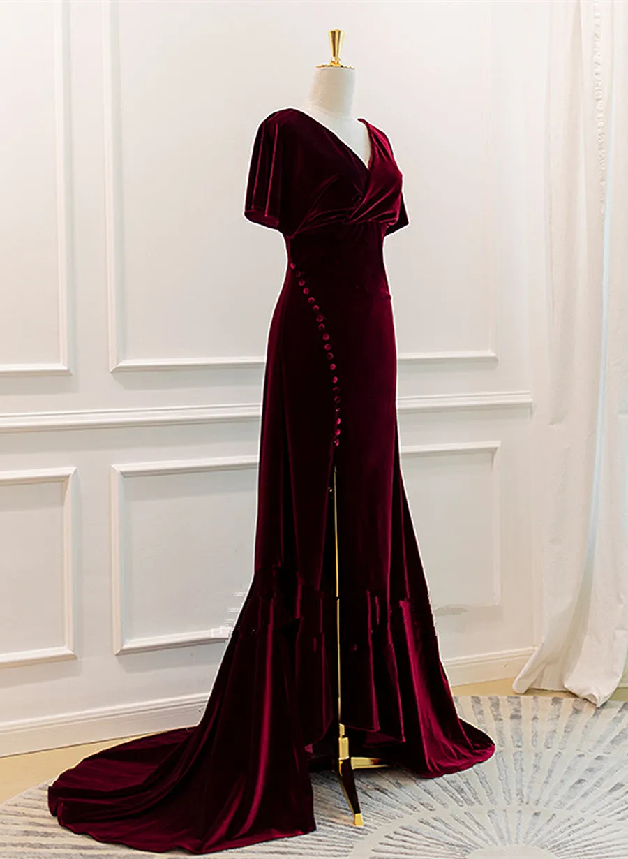 Wine Red Velvet Long Wedding Party Dress with Leg Slit, Wine Red Formal Dress