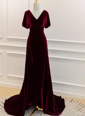 Wine Red Velvet Long Wedding Party Dress with Leg Slit, Wine Red Formal Dress