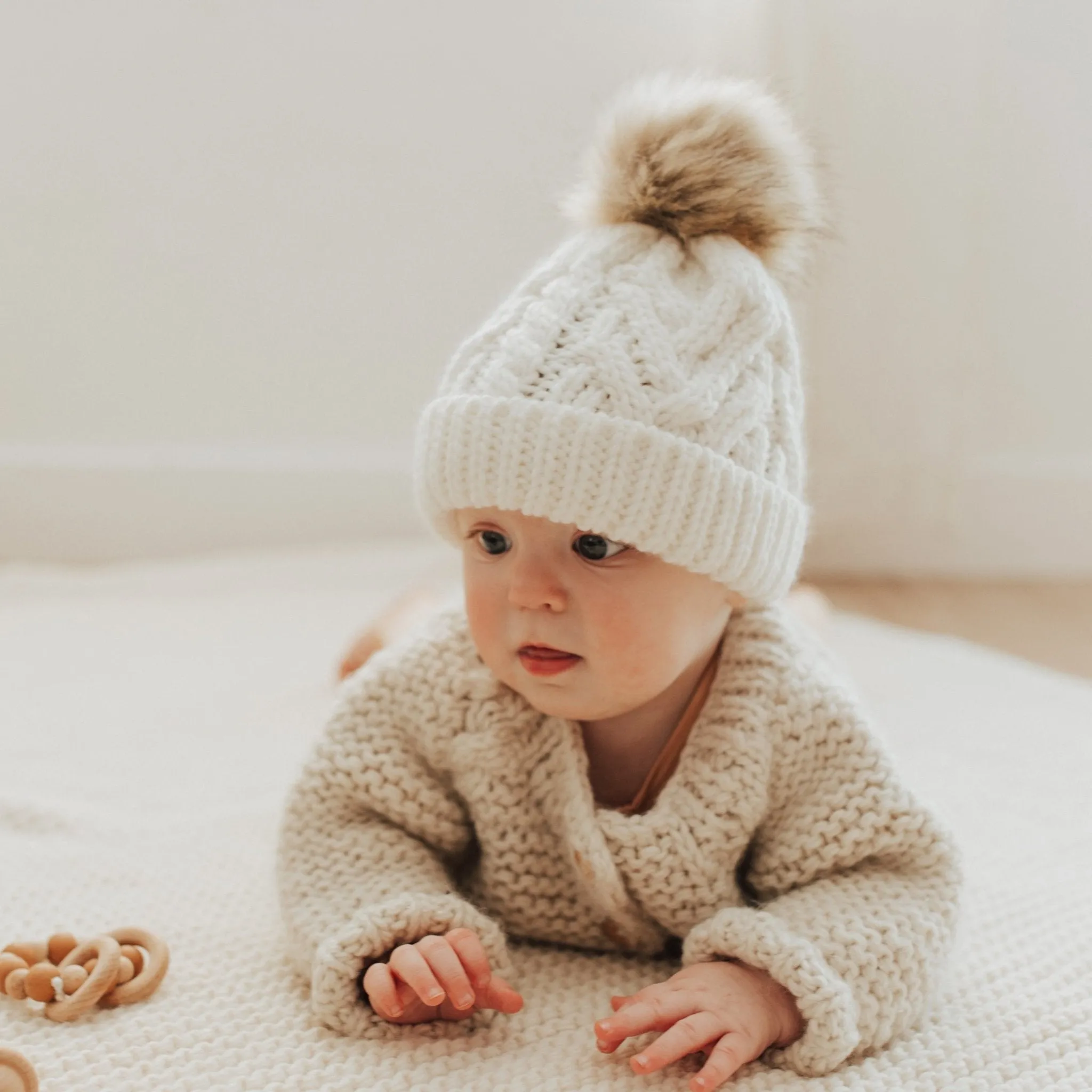 Winter White Pop Pom Pom Beanie Hat