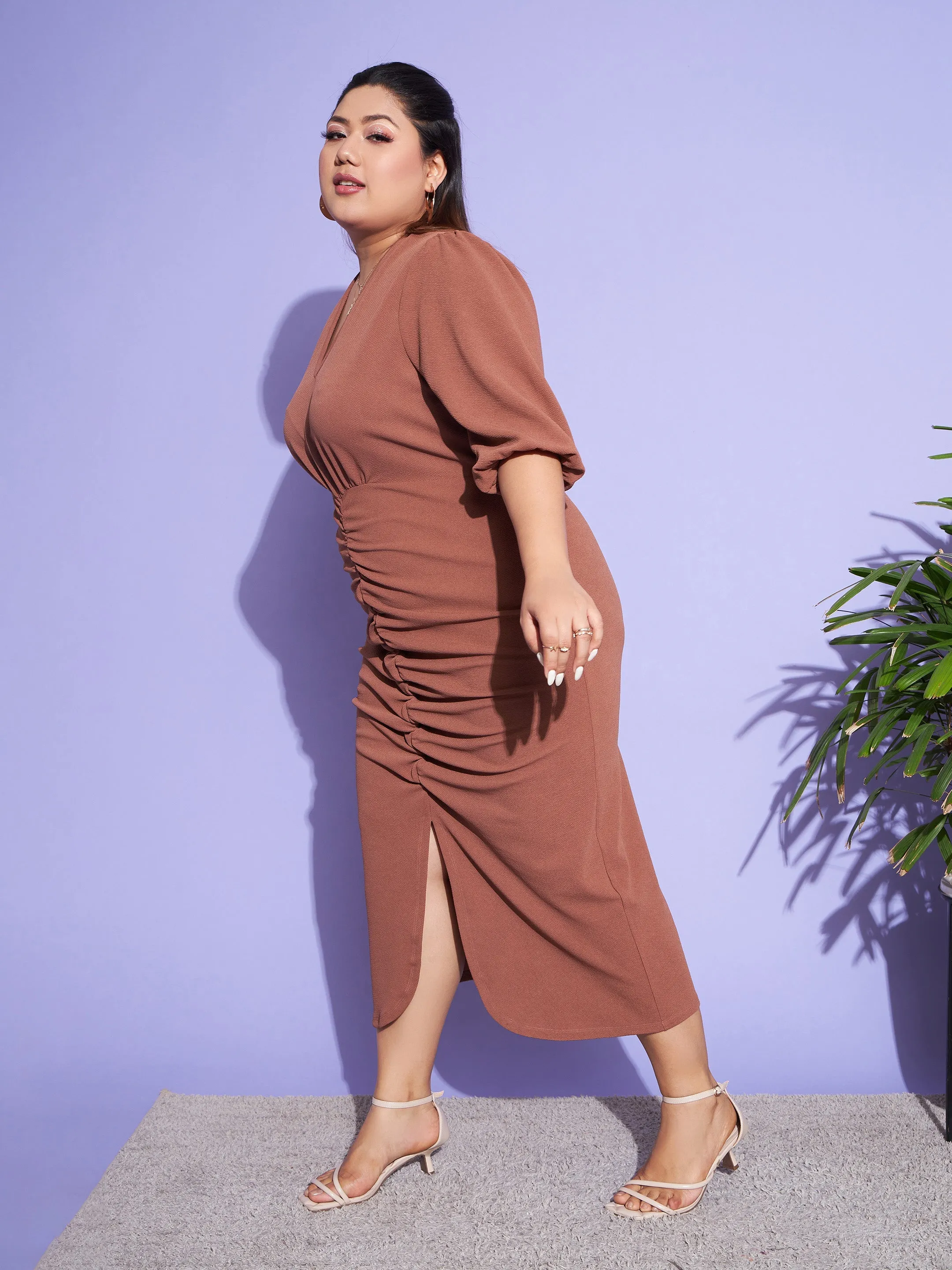 Women Brown Solid Front Ruched Dress