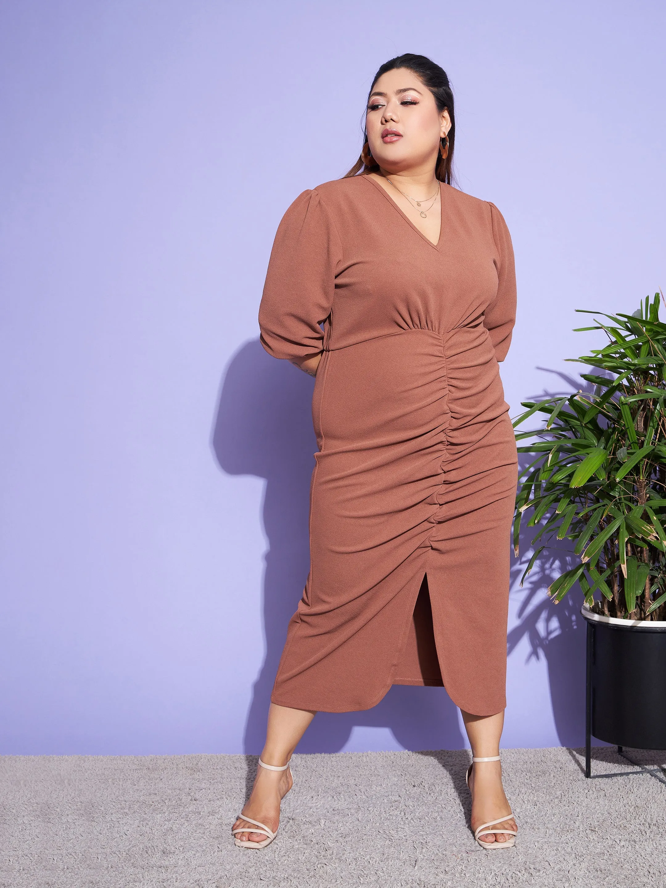 Women Brown Solid Front Ruched Dress