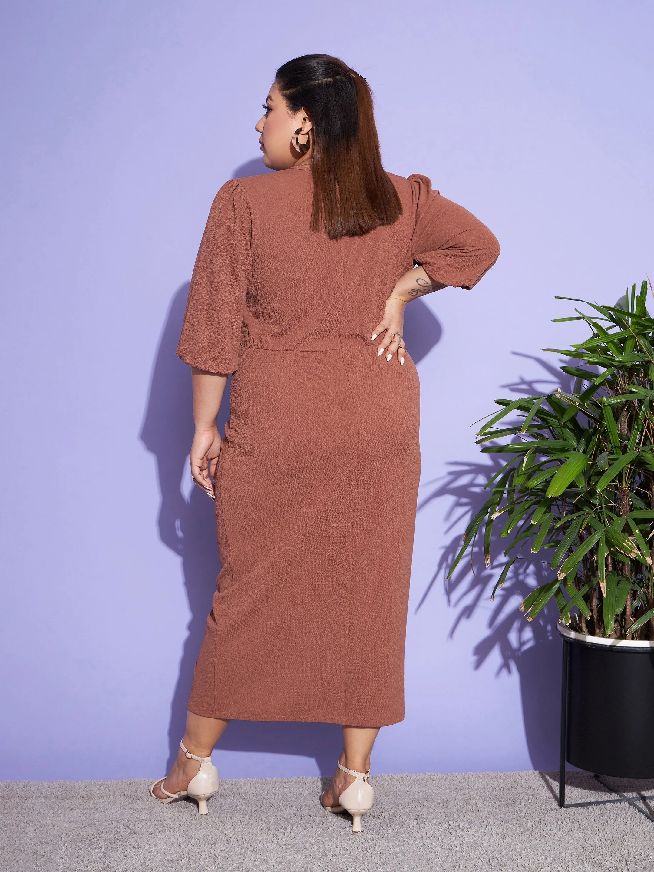 Women Brown Solid Front Ruched Dress