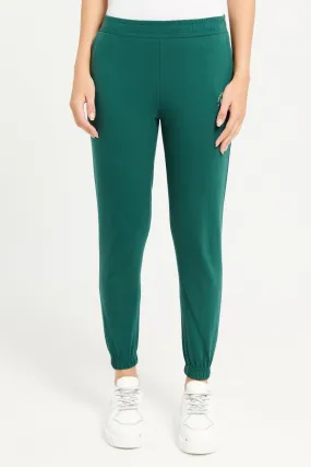 Women Green Elasticated Hem Plain Joggers