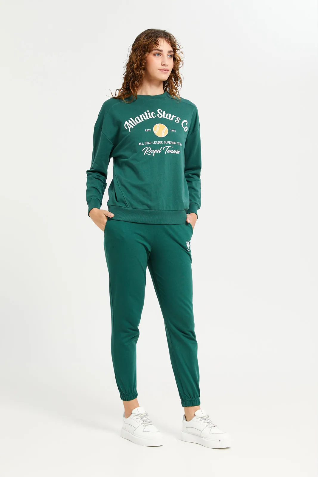 Women Green Elasticated Hem Plain Joggers