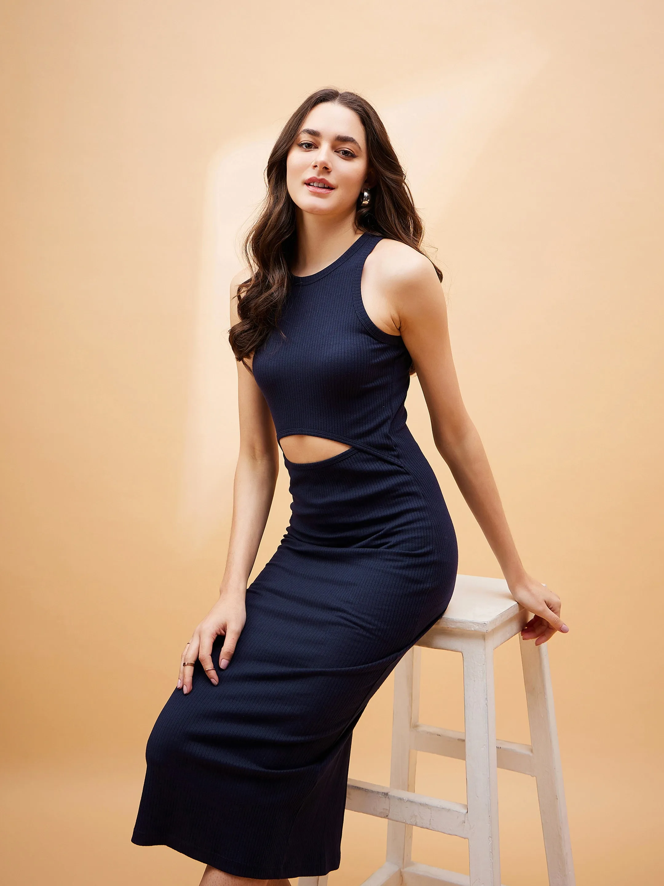 Women Navy Blue Front Cut Out Rib Midi Dress