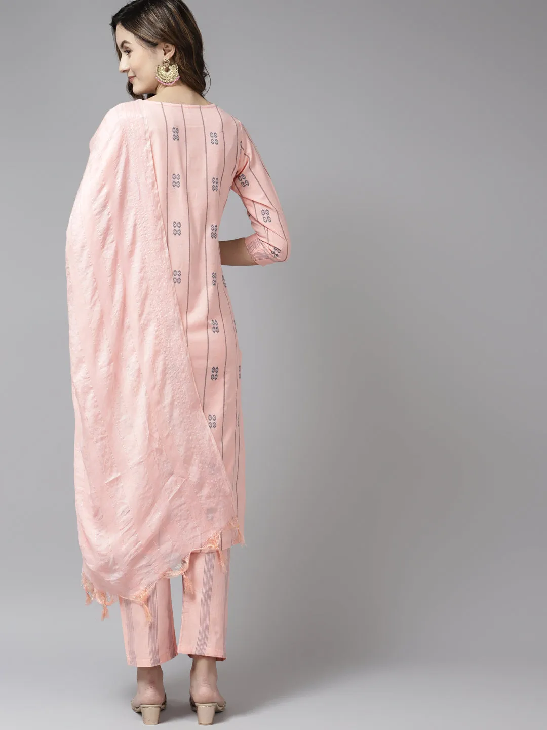 Women Peach Safe Design Yarn Dyed Kurta With Trousers And Dupatta Set