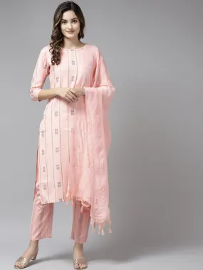 Women Peach Safe Design Yarn Dyed Kurta With Trousers And Dupatta Set