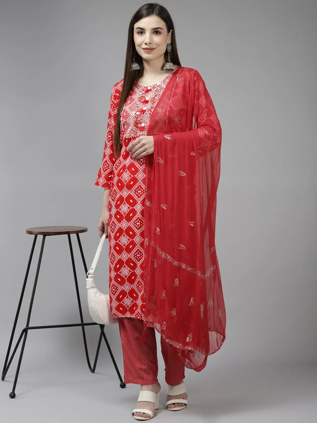 Women Red Rayon Kurta Set With Dupatta