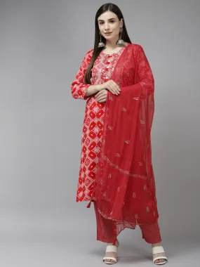 Women Red Rayon Kurta Set With Dupatta