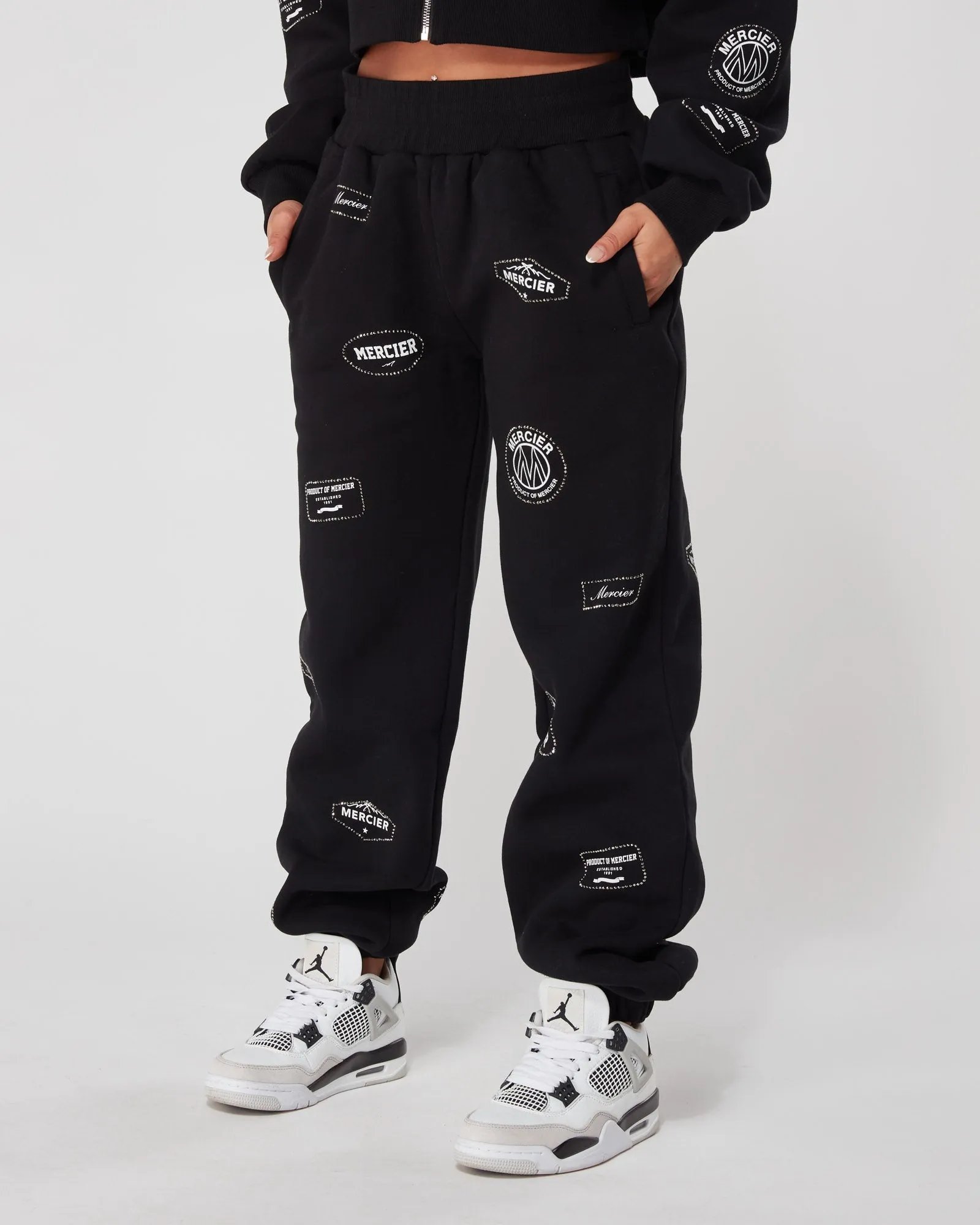 Womens Black Diamante Badge Joggers