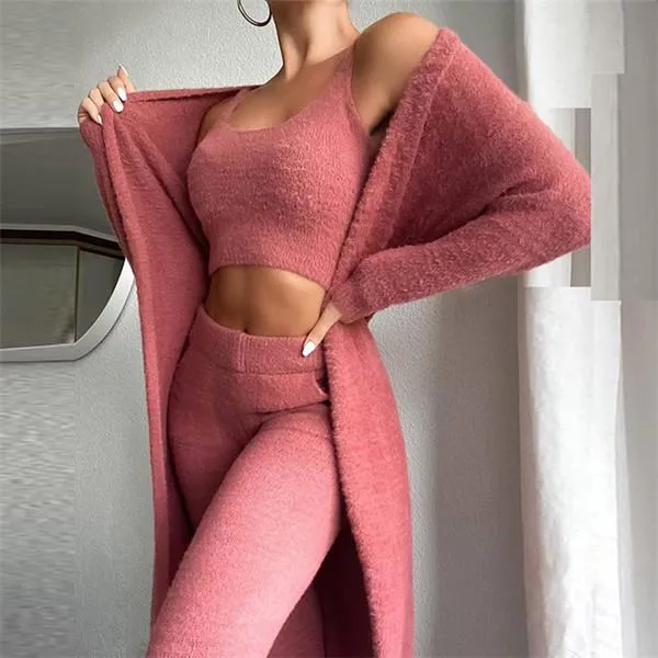 Women's Coral Fleece Pajama Set Autumn Winter Pajamas 3 Three-piece Pajama Vest   Trousers   Jacket Three-piece Suit