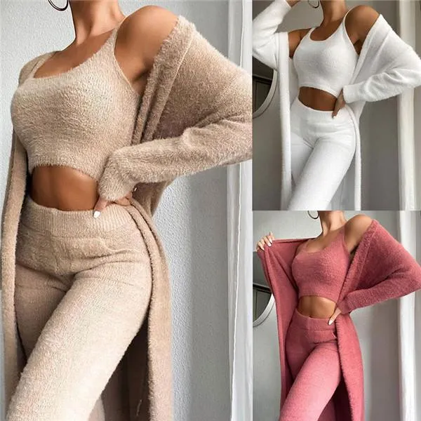 Women's Coral Fleece Pajama Set Autumn Winter Pajamas 3 Three-piece Pajama Vest   Trousers   Jacket Three-piece Suit