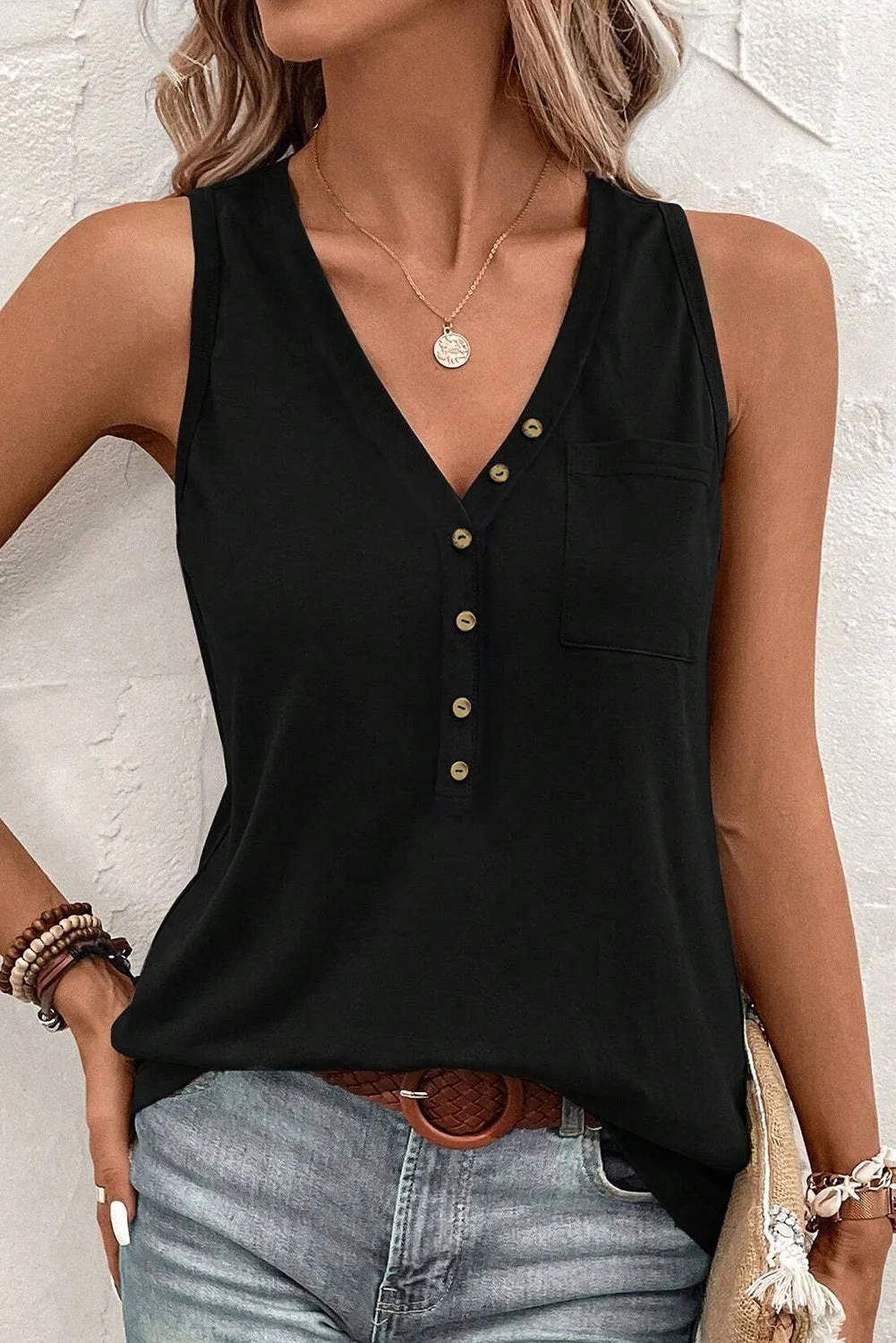 Women's Half Button V Neck Patched Pocket Tank Top